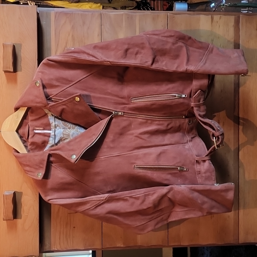 Free People: Goat Leather Moto Jacket, brownish-orange, Small